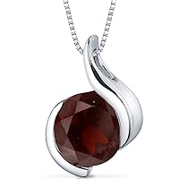 PEORA Garnet Open Bezel Wave Pendant Necklace for Women 925 Sterling Silver, Natural Gemstone Birthstone, 2.50 Carats Round 8mm, with 18 inch Chain…