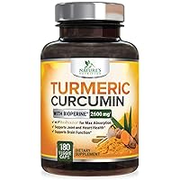 Turmeric Curcumin with Bioperine 95% Curcuminoids 2600mg with Black Pepper for Best Absorption, Made in USA, Best Vegan Joint Support, Turmeric Supplement Pills by Natures Nutrition - 180 Capsules