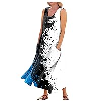 Tank Dresses for Women 2024 Flowy Cotton Linen Vacation Dress with Pockets Sleeveless Round Neck Print Dresses