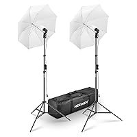 NEEWER Photography Umbrella Lighting Kit, 2 Pack UL Certified 24W LED Bulbs 2160lm/5700K/CRI93+/15000h Lifespan, E26 Porcelain Sockets, Umbrellas, Stands, 400W Incandescent Equivalent, NK600 (US Plug)