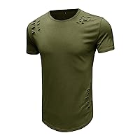 Men's Hip Hop Ripped Workout T Shirt Short Sleeve Muscle Gym Athletic Tee Vintage Washed Destroyed Holes Shirts (ArmyGreen,Medium)
