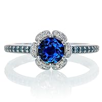 1.5 Carat Unique Flower Halo Round Sapphire and Diamond Engagement Ring on 10k White Gold