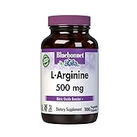 Bluebonnet Nutrition L-Arginine 500mg, Free-Form Amino Acid, Nitric Oxide Precursor*, Soy-Free, Gluten-Free, Non-GMO, Kosher Certified, Vegan, 100 Vegetable Capsules, 100 Servings, White