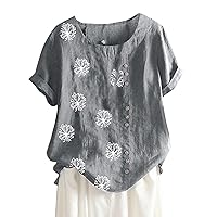 DASAYO Women Crewneck Loose Cotton Linen Tops Shirt Short Sleeve Printed Shirts Blouse Comfy Casual Vintage T-Shirt Top