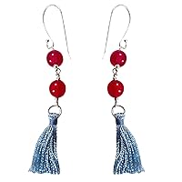 Silvesto India Wire Wrapped Pink Quartz, 92.5 Sterling Silver Earring, Jaipur Rajasthan India Fish Hook-Blue Tassel-Handmade Jewelry Manufacturer Sz 6.6 cm