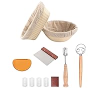 Bread Proofing Basket Set Of 2 Round and Oval, Banneton Proofing Basket + Danish Dough Whisk + Bread Scoring Lame + Stainless Steel Scraper + Flexible Scraper, Sourdough Tools Kit, Baking Gifts