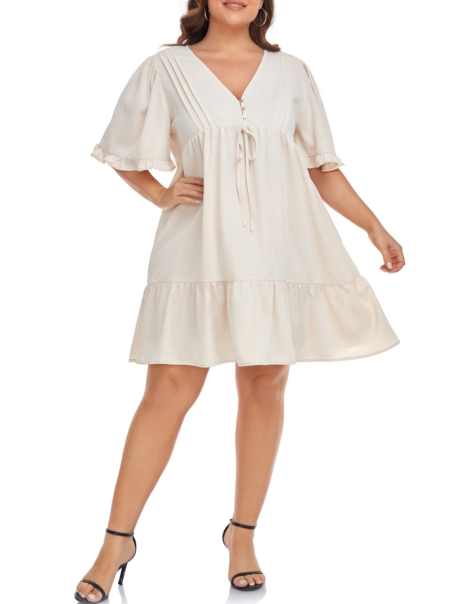 Carrdc Women's Summer Plus Size V Neck Button Down Front Ruffle Sleeve Pleated Dress