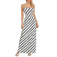 Women Stripe Slip Dress Elegant Spaghetti Strap Maxi Dress Summer Sleeveless Backless Low Cut Long Dress