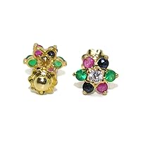 Colorful Flower Stud Earrings 18K Gold New Born Girls Babies | Zirconia Emerald Ruby Saphire Fine Gemstones Stud Earrings | Fashionable Jewelry | Trendy Gift Baby Shower Birth Baptism Communion |