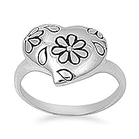 Sac Silver Rhodium Plated Puffed Heart w/Flowers Ring Love Design Fashion Sizes 5-10