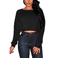 Pink Queen Women's Cropped Pullover Sweater Knit Top Long Sleeve Crew Neck Black Size M