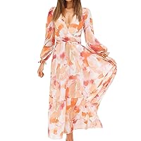 Women Fall Dresses 2023 Floral Print Boho Dress Long Sleeve Wrap Round Neck Ruffle Belted A-Line Flowy Maxi Dresses Vacation Dresses for Women