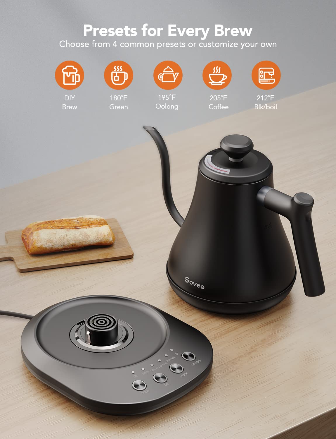 Govee Smart Electric Kettle, WiFi Variable Temperature Control Gooseneck Kettle, Pour Over Kettle and Tea Kettle, Alexa Control, 1200W Quick Heating, 100% Stainless Steel, 0.8L, Matte Black