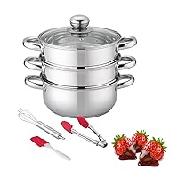 Double Boiler & Steam Pots for Chocolate and Fondue Melting Pot, Candle Making, Stainless Steel Steamer with Tempered Glass Lid for Clear View while Cooking, Dishwasher (3 Cooking Utensils Set)