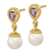 14K Yellow Gold 6 7mm White Round Freshwater Cultured Pearl Amethyst Post Drop Dangle Earrings