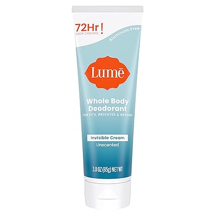 Lume Whole Body Deodorant - Invisible Cream Tube - 72 Hour Odor Control - Aluminum Free, Baking Soda Free, Skin Safe - 3.0 ounce (Unscented)