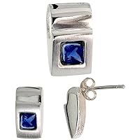 Sterling Silver Princess Cut CZ Geometric Design Square Stud Earrings & Pendant Set Assorted colors Brushed finish