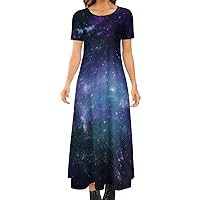 Blue Purple Galaxy Women's Summer Casual Short Sleeve Maxi Dress Crew Neck Printed Long Dresses