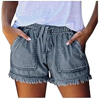 Women Drawstring Elastic Wasit Raw Hem Denim Shorts Summer Casual Loose Fit Fashion Solid Jean Shorts with Pockets