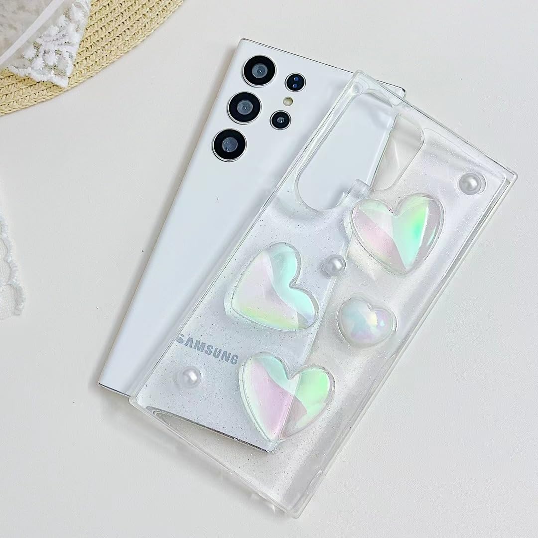VALRION Compatible with Samsung Galaxy S24 Ultra Bling Case Laser Colour 3D Crystal Love Heart Pearl Diamond Glitter Clear Case Cute Girly Women Slim Soft TPU Transparent Phone Cover