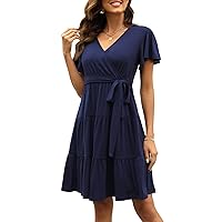Women Ruffle Sleeve Wrap V-Neck Tiered A-Line Pleated Swing Dress with Belt NA1006
