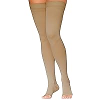 SIGVARIS Women’s DYNAVEN Open Toe Thigh-Highs w/Grip-Top 20-30mmHg - Small Long - Light Beige