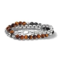 Men's Classic Double-Wrap Tiger Eye and Black Lava Beads Stainless Steel Box-Chain Bracelet, Size Large, Style: J96B023L