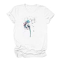 Womens Top Short Sleeve Blouses for Women Crew Neck Dandelion Flower Loose Fit Long Tie Dye Fall Summer Shirt 2024
