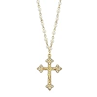 1928 Jewelry Women's Gold Tone 4mm Faux Pearl Chain Crucifix Cross Pendant Necklace 16