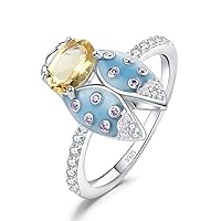 JewelryPalace Cicada Enamel 1.1ct Genuine Citrine Statement Ring for Women, Insect 14k White Gold Plated 925 Sterling Silver Ring for Her, Natural Yellow Gemstone Jewellery Sets