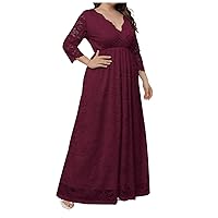 Womens Plus Size Long Lace Dress Elegant 3/4 Sleeve Maxi Wedding Guest Dress Sexy V Neck Formal Evening Cocktail Dress