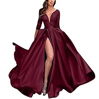 Women's Slit Hem Deep V Lace Sequin Sexy Long Skirt Tail Banquet Evening Dress Five Quarter Dressy Gowns
