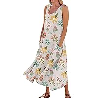 Dresses for Women 2024 Summer Casual Fashion Easter Printed Sleeveless Round Neck Dress with Pocket