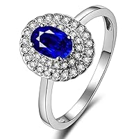 Fashion 14K White Gold Oval Sapphire Gemstone White Diamond Ladies Anniversary Wedding Band Ring