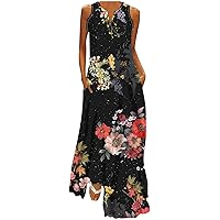 Maxi Dresses for Women, 2024 Summer Trendy Striped Print Tank Sundress, Notch V Neck Flowy Boho Long Beach Dress