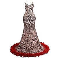 FCOMES Women's Sexy Backless Sundress Lace Up Sequins Prom Gowns Evening Wedding Dress Shower Gown with Feather Train