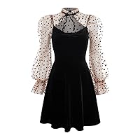 Womens Fall Fashion 2022 Colorblock Heart Print Tie Neck Flounce Sleeve Velvet Dress (Color : Black, Size : X-Small)