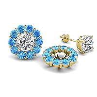 Round Blue Topaz 1.80 ctw Halo Jackets for Stud Earrings in 14K Gold