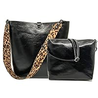 Women Leopard Print Bag Leather Tote Top Handle Big Shoulder Handbag Purse 2 Pcs