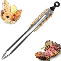 Wooden Kitchen Tongs, Handmade Bamboo Handle Salad Tongs, Bread Toaster Tong with Stainless Steel Tip, Heat Resistant BBQ Tong, Locking Tong for Cooking, Salad, Serving Food, Grilling, Baking (17.5In)