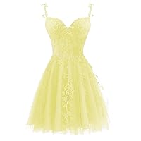 Tulle Homecoming Dresses for Teens 2023 Spaghetti Strap Lace Applique Short Prom Dress Mini Cocktail Gown