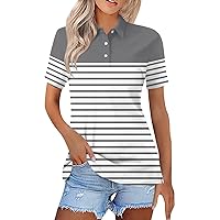 Polo Shirts for Women Lapel V Neck Short Sleeve Button Top Tee Stripes Colorblock Blouse Slim Fit, Womens Work Shirts