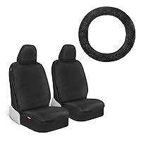 Sheepskin Car Seat Covers and Steering Wheel Cover, Faux Fur Car Seat Covers, Cute Automotive Front Seat Covers for Cars for Women Men Unisex (Black)