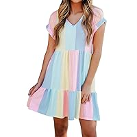 Women's Relaxed Fit Summer Multicolor Striped Color Block Tiered Mini Dress