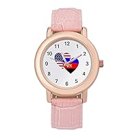PI American Heart Flag Fashion Leather Strap Women's Watches Easy Read Quartz Wrist Watch Gift for Ladies