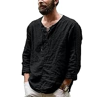Men's Casual Cotton Linen T Shirt Drawstring V Neck Long Sleeves Shirts Blouses Solid Vintage Tops Linen Shirts Men
