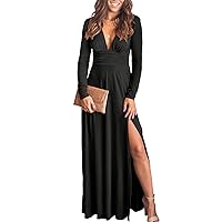 ANRABESS Women's Deep V Neck Short Sleeve Long Dresses Pleated High Waist Slit Club Party Evening Maxi Dress