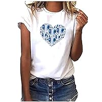 Women's Short Sleeve Basic T-Shirts Crewneck Tops Cute Love Heart Print Graphic Tees Casual Comfy Valentines Day Tshirt