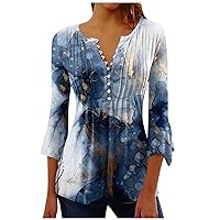 Womens T Shirts Trumpet 3/4 Sleeve Printed Buttoned Tee Tops Floral Leopard Tie Dye Feather Ruched Blouse T-Shirt