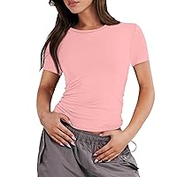 Summer Y2K Tops for Women 2024, Basic Solide Color T-Shirts Crewneck Short Sleeve Crop Tops Cute Summer Tops Slim Fit Tees